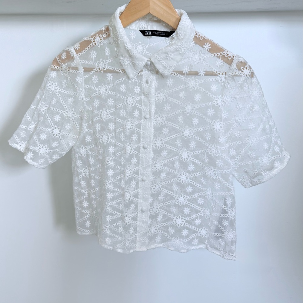 Zara Semi Sheer Embroidery Shirt Size XS